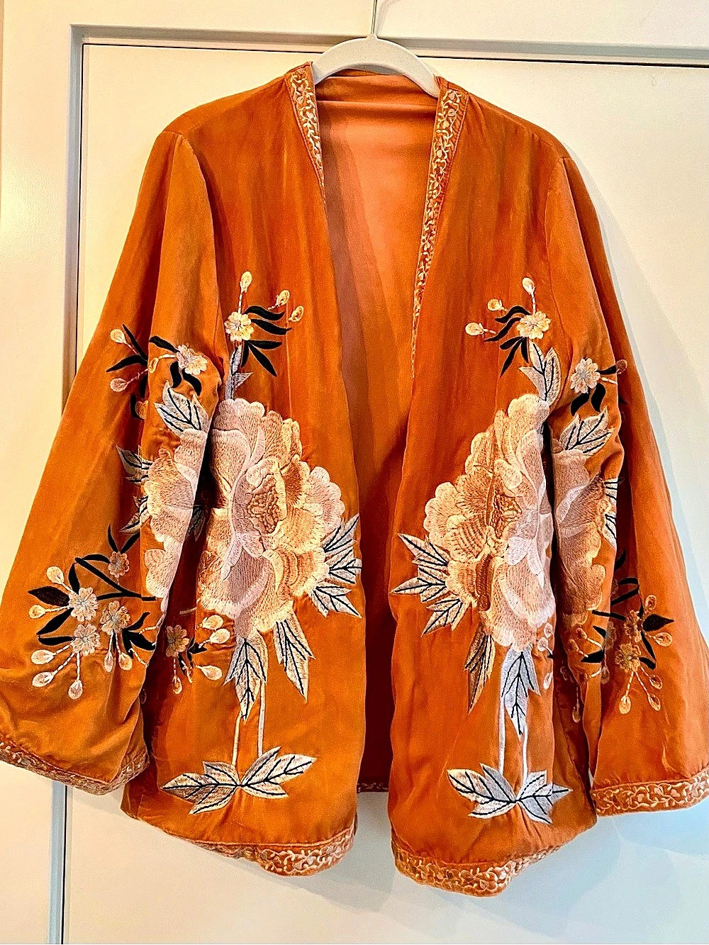 Embroidered Kimono in Orange Velvet